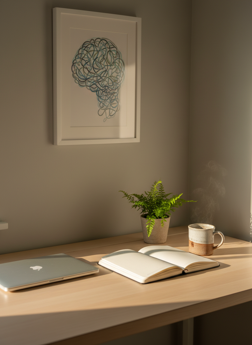 A minimalist desk scene symbolizing evidence-based psychotherapy: a clean, light-wood desk against a soft warm-gray wall, holding an open notebook filled with blank cream pages, a closed laptop, and a small potted fern with delicate green fronds. To the side, a ceramic mug of herbal tea emits faint steam. On the wall, an abstract framed print suggests a subtle brain silhouette made of interwoven lines, hinting at neuroscience. Late afternoon natural light from an unseen window creates a gentle golden glow across the desk surface, with soft, elongated shadows. Photographic realism shot from a slightly elevated angle, with clear, crisp focus throughout, conveying professionalism, clarity, and a grounded, organized atmosphere for a Madison-based therapist’s practice.