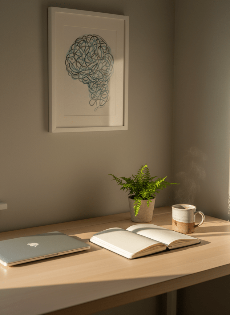 A minimalist desk scene symbolizing evidence-based psychotherapy: a clean, light-wood desk against a soft warm-gray wall, holding an open notebook filled with blank cream pages, a closed laptop, and a small potted fern with delicate green fronds. To the side, a ceramic mug of herbal tea emits faint steam. On the wall, an abstract framed print suggests a subtle brain silhouette made of interwoven lines, hinting at neuroscience. Late afternoon natural light from an unseen window creates a gentle golden glow across the desk surface, with soft, elongated shadows. Photographic realism shot from a slightly elevated angle, with clear, crisp focus throughout, conveying professionalism, clarity, and a grounded, organized atmosphere for a Madison-based therapist’s practice.