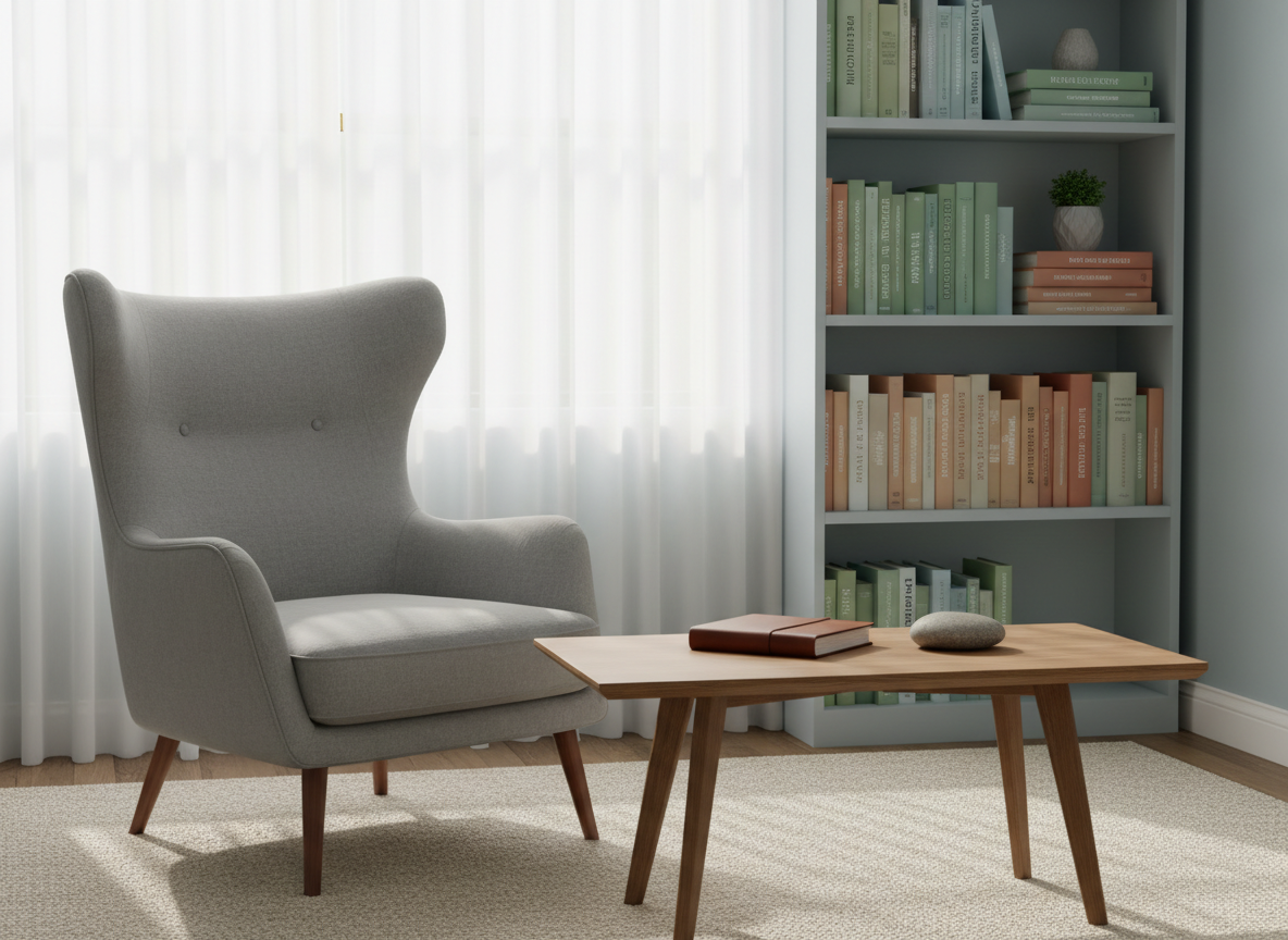 A serene psychotherapy office represented without people: a high-backed, dove-gray upholstered armchair facing a low, natural oak coffee table with a single closed journal and a smooth river stone on top. Behind, a tall bookshelf holds neatly arranged psychology and neuroscience books with muted, earth-tone covers. A large window with sheer white curtains allows soft morning light to filter in, casting gentle shadows on a pale blue wall and textured wool rug. Photographic realism at eye level, composed using the rule of thirds, with a shallow depth of field that keeps the seating area in sharp focus while the background softly blurs, creating a calm, professional, and inviting mood suited to psychotherapy and self-reflection.