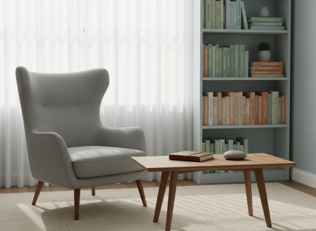 A serene psychotherapy office represented without people: a high-backed, dove-gray upholstered armchair facing a low, natural oak coffee table with a single closed journal and a smooth river stone on top. Behind, a tall bookshelf holds neatly arranged psychology and neuroscience books with muted, earth-tone covers. A large window with sheer white curtains allows soft morning light to filter in, casting gentle shadows on a pale blue wall and textured wool rug. Photographic realism at eye level, composed using the rule of thirds, with a shallow depth of field that keeps the seating area in sharp focus while the background softly blurs, creating a calm, professional, and inviting mood suited to psychotherapy and self-reflection.