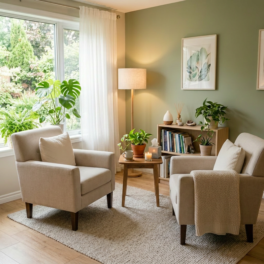 Therapist and client sitting facing each other in a cozy living room with plants and soft lighting
