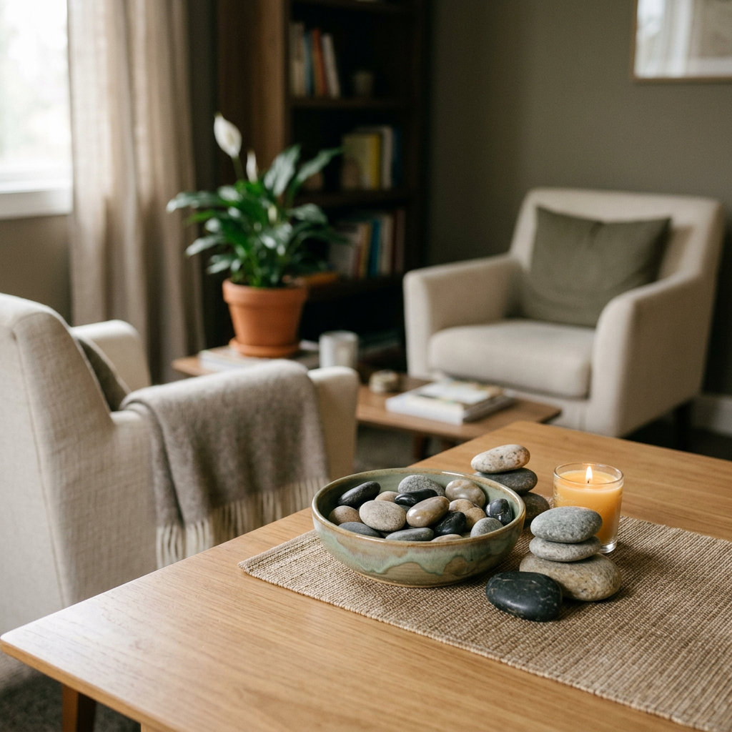 Wooden table with bowl of smooth stones, stacked stones, and lit candle in living room
