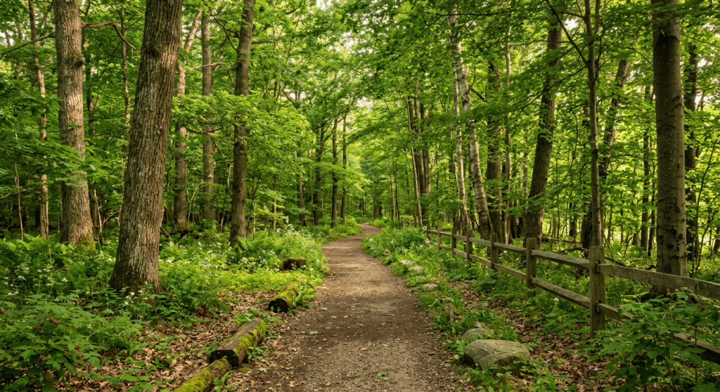 Dirt trail through dense green forest with wooden fence on right